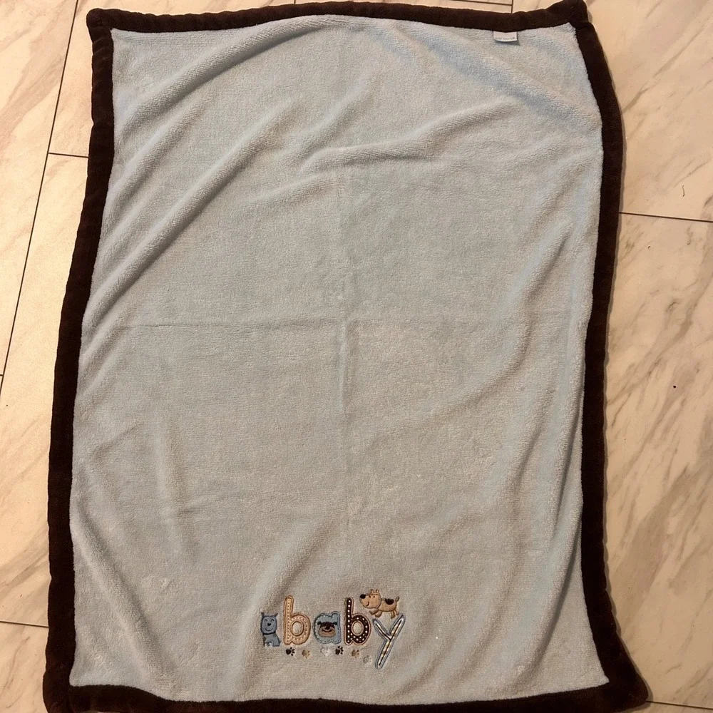 Carters Baby Blanket Light Blue Brown Puppy Dog Embroidered Fleece 30x39 Nursery